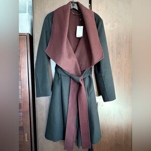 DVF Diane von Furstenberg Jenna Wrap Coat Knee length Black Burgundy Reversible